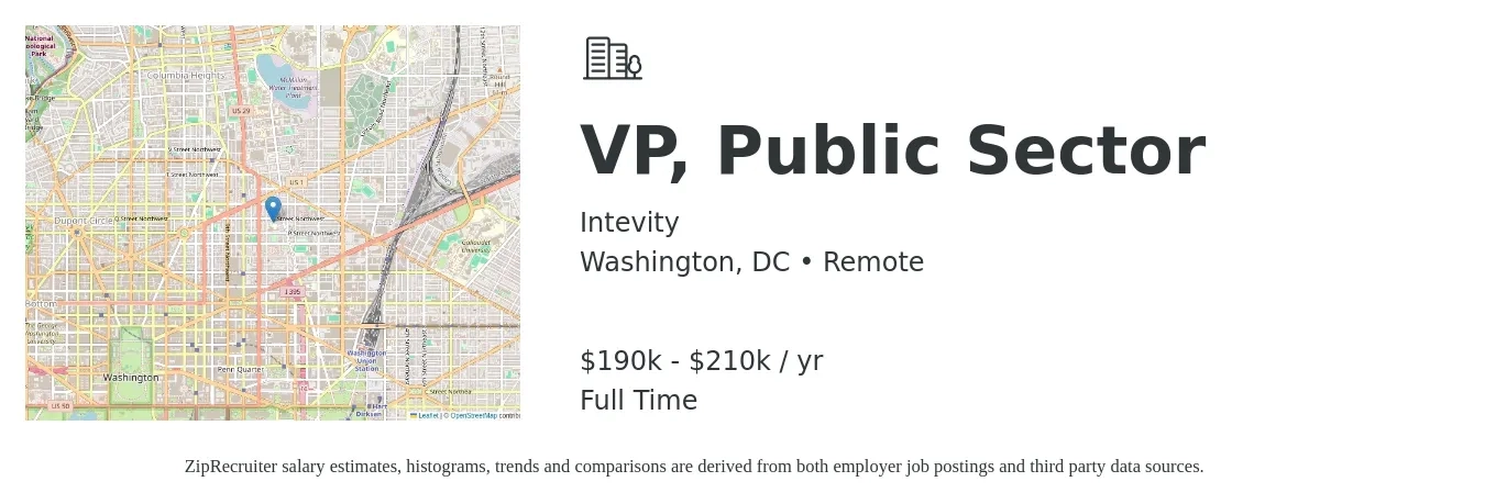 Intevity job posting for a VP, Public Sector in Washington, DC with a salary of $190,000 to $210,000 Yearly with a map of Washington location.