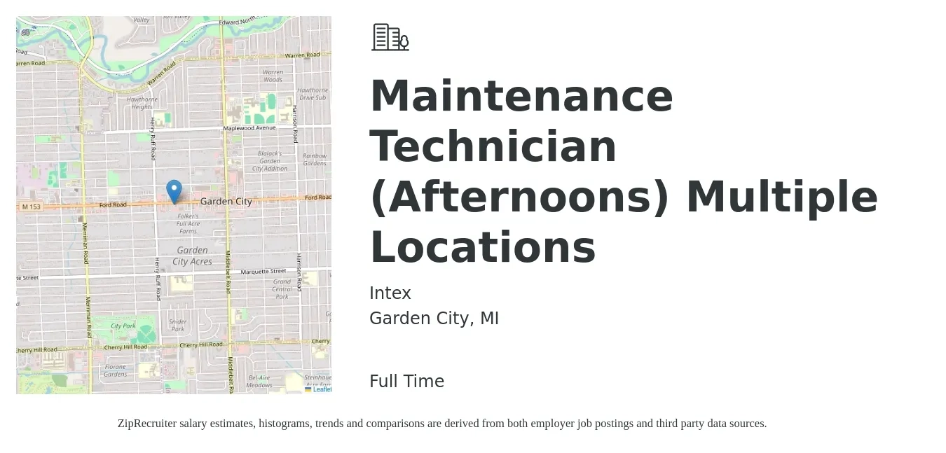Intex job posting for a Maintenance Technician (Afternoons) Multiple Locations in Garden City, MI with a salary of $18 to $25 Hourly with a map of Garden City location.