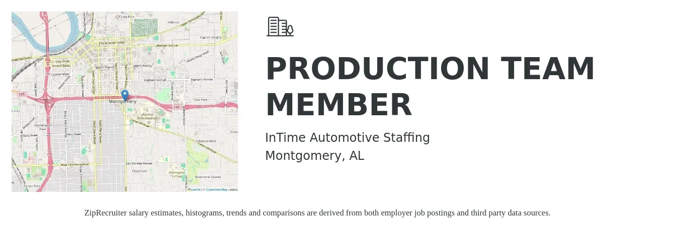 InTime Automotive Staffing job posting for a PRODUCTION TEAM MEMBER in Montgomery, AL with a salary of $14 to $18 Hourly with a map of Montgomery location.