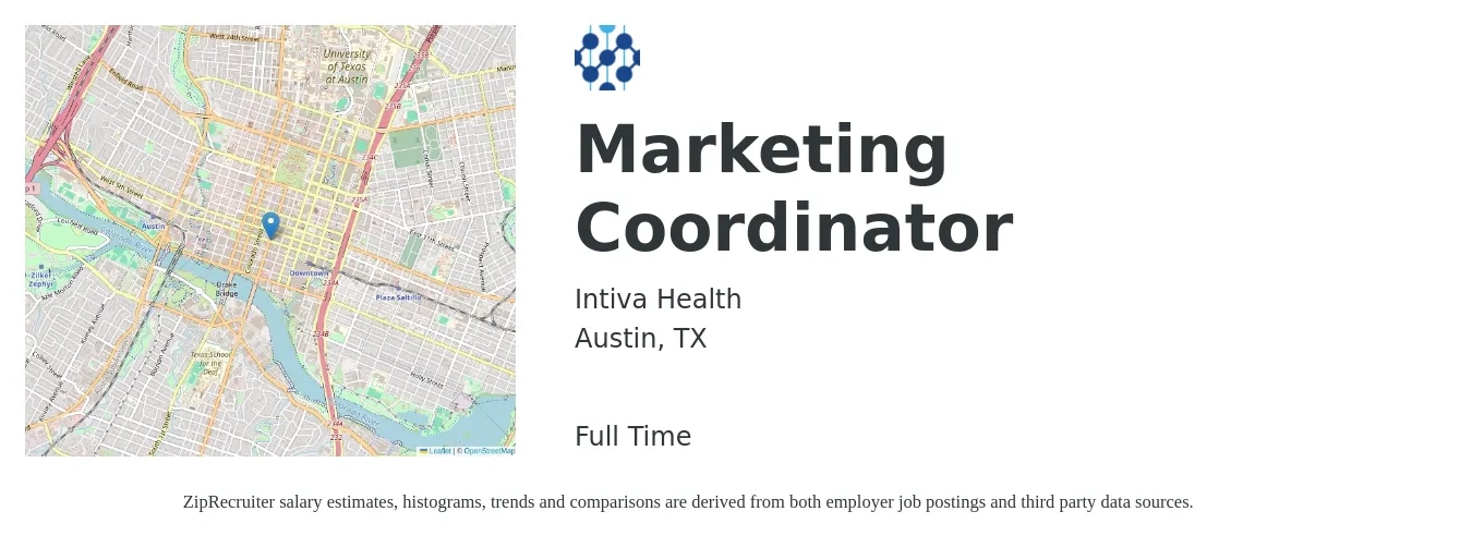 Intiva Health job posting for a Marketing Coordinator in Austin, TX with a salary of $42,100 to $58,000 Yearly with a map of Austin location.