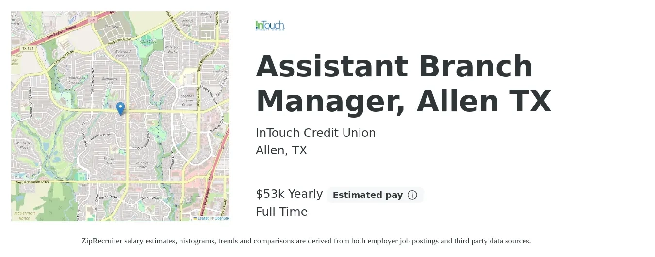 InTouch Credit Union job posting for a Assistant Branch Manager, Allen TX in Allen, TX with a salary of $53,846 Yearly with a map of Allen location.