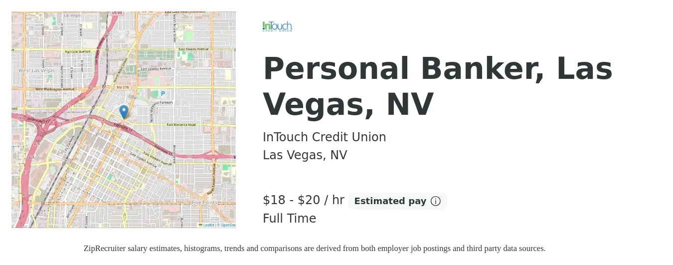 InTouch Credit Union job posting for a Personal Banker, Las Vegas, NV in Las Vegas, NV with a salary of $20 to $21 Hourly with a map of Las Vegas location.