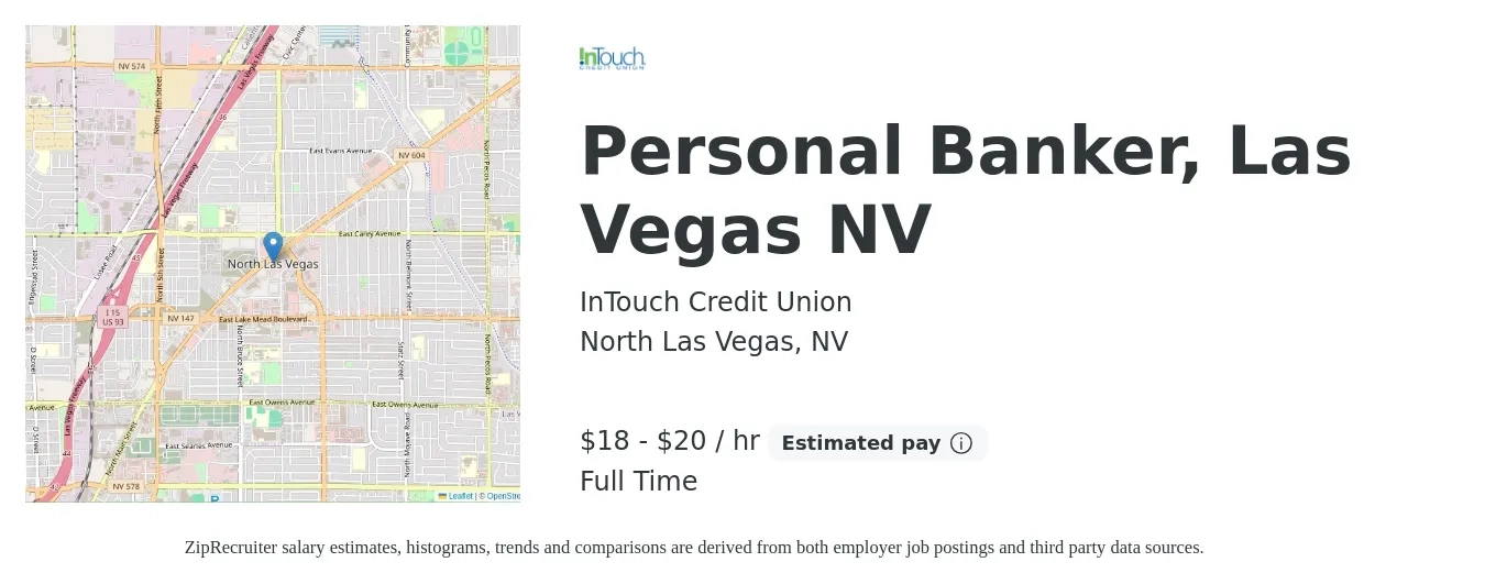 InTouch Credit Union job posting for a Personal Banker, Las Vegas NV in North Las Vegas, NV with a salary of $20 to $21 Hourly with a map of North Las Vegas location.