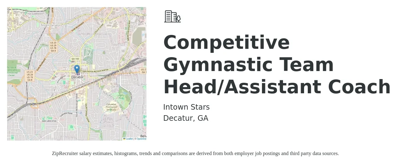 Intown Stars job posting for a Competitive Gymnastic Team Head/Assistant Coach in Decatur, GA with a map of Decatur location.