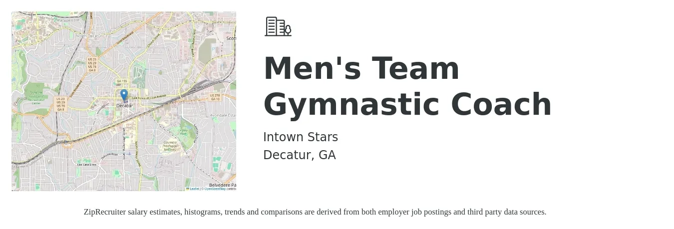 Intown Stars job posting for a Men's Team Gymnastic Coach in Decatur, GA with a salary of $16 to $28 Hourly with a map of Decatur location.
