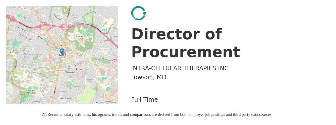 INTRA-CELLULAR THERAPIES INC job posting for a Director of Procurement in Towson, MD with a salary of $98,200 to $156,200 Yearly with a map of Towson location.