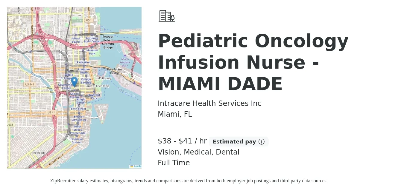 Intracare Health Services Inc job posting for a Pediatric Oncology Infusion Nurse - MIAMI DADE in Miami, FL with a salary of $40 to $43 Hourly and benefits including medical, pto, vision, and dental with a map of Miami location.