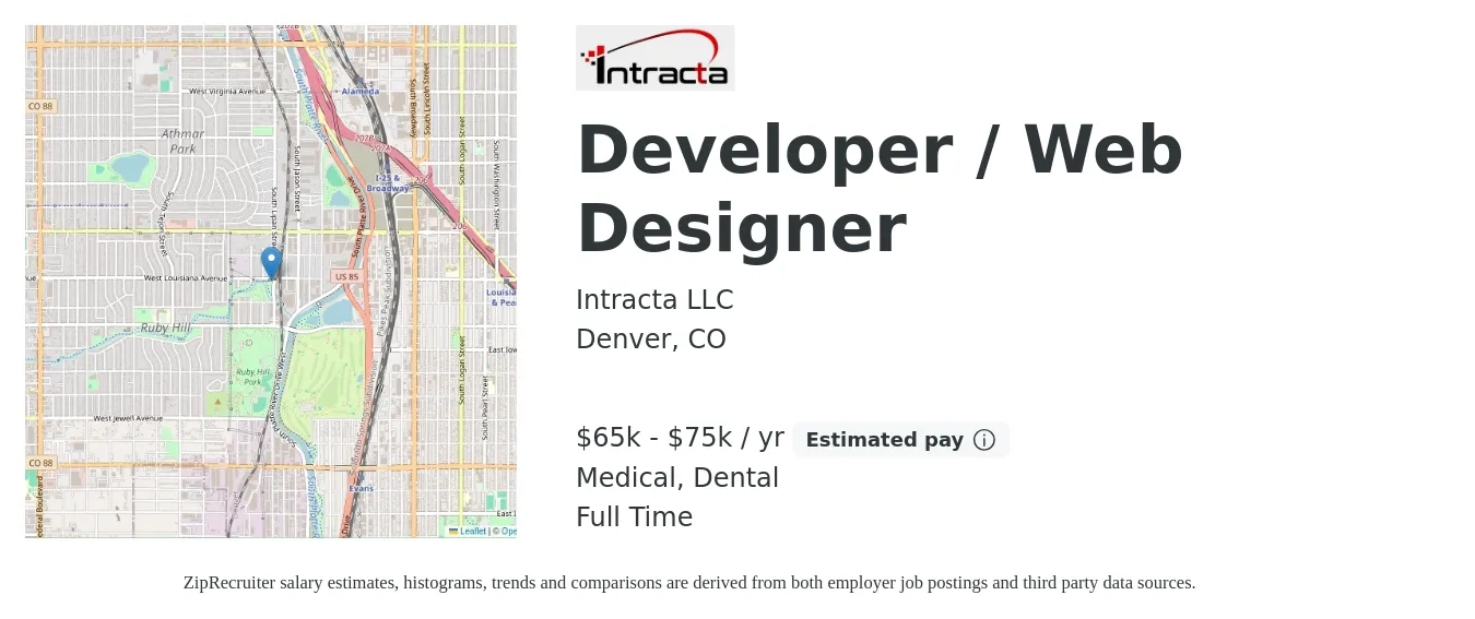 Intracta LLC job posting for a Developer / Web Designer in Denver, CO with a salary of $65,000 to $75,000 Yearly and benefits including dental, medical, pto, and retirement with a map of Denver location.