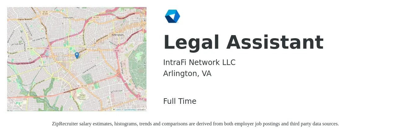 IntraFi Network LLC job posting for a Legal Assistant in Arlington, VA with a salary of $43,700 to $63,300 Yearly with a map of Arlington location.