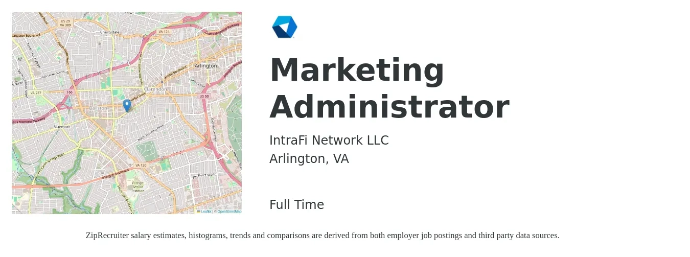 IntraFi Network LLC job posting for a Marketing Administrator in Arlington, VA with a salary of $24 to $38 Hourly with a map of Arlington location.