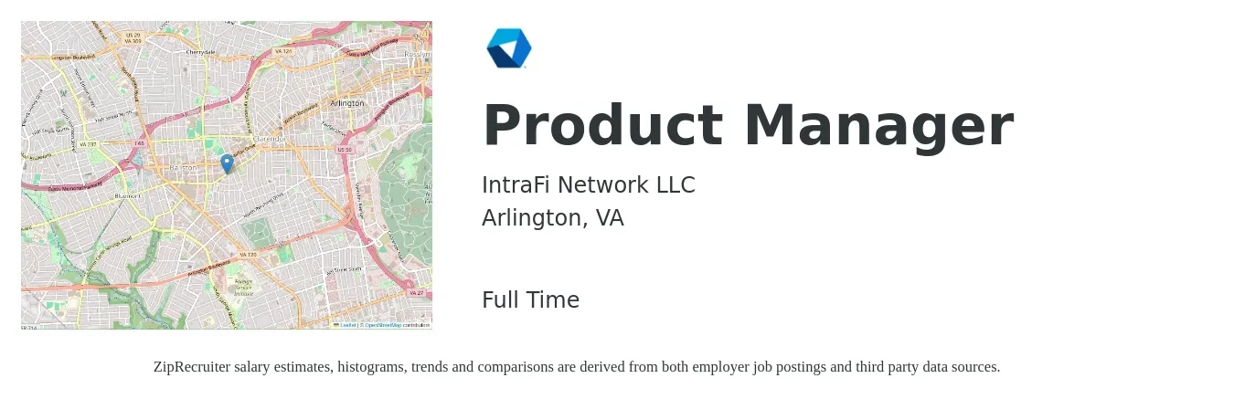 IntraFi Network LLC job posting for a Product Manager in Arlington, VA with a salary of $162,200 to $226,600 Yearly with a map of Arlington location.
