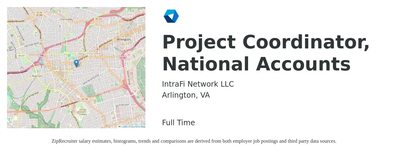 IntraFi Network LLC job posting for a Project Coordinator, National Accounts in Arlington, VA with a salary of $27 to $40 Hourly with a map of Arlington location.