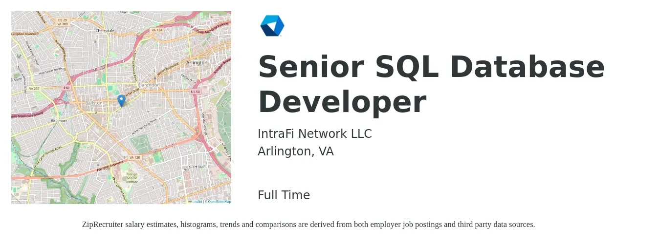 IntraFi Network LLC job posting for a Senior SQL Database Developer in Arlington, VA with a salary of $64 to $78 Hourly with a map of Arlington location.
