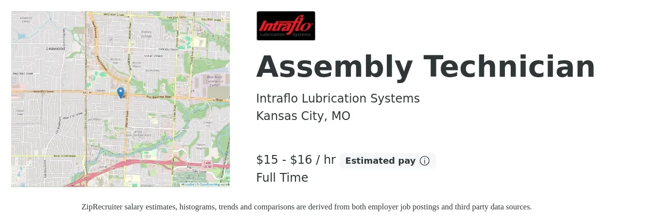Intraflo Lubrication Systems job posting for a Assembly Technician in Kansas City, MO with a salary of $16 to $17 Hourly with a map of Kansas City location.