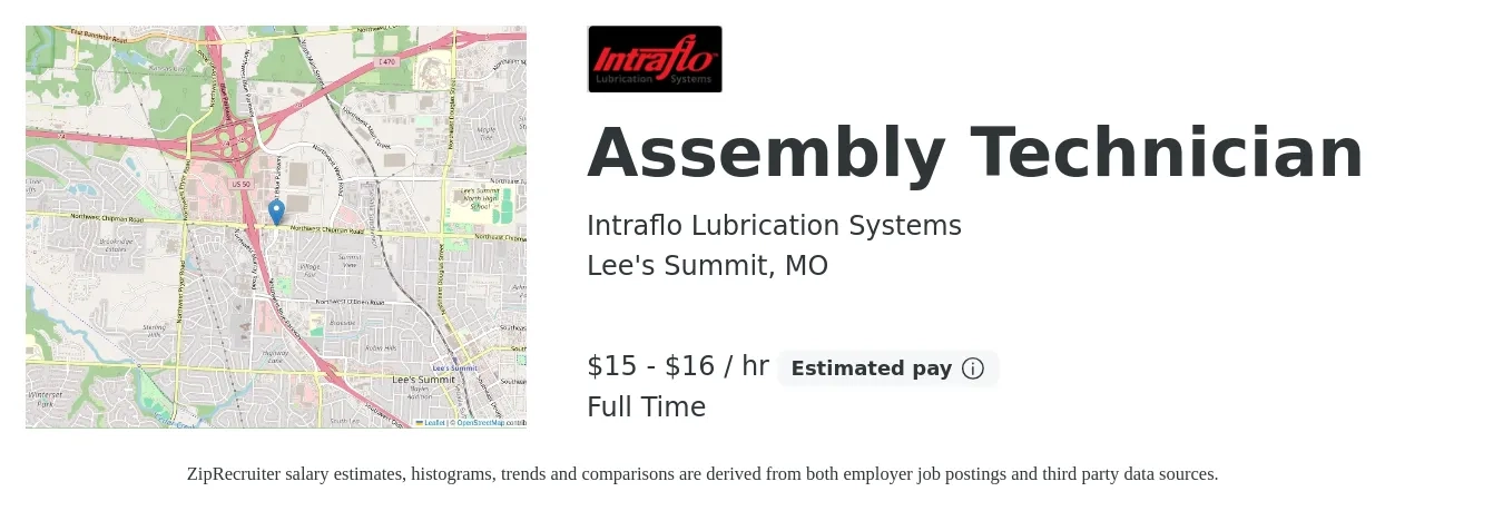 Intraflo Lubrication Systems job posting for a Assembly Technician in Lee's Summit, MO with a salary of $16 to $17 Hourly with a map of Lee's Summit location.