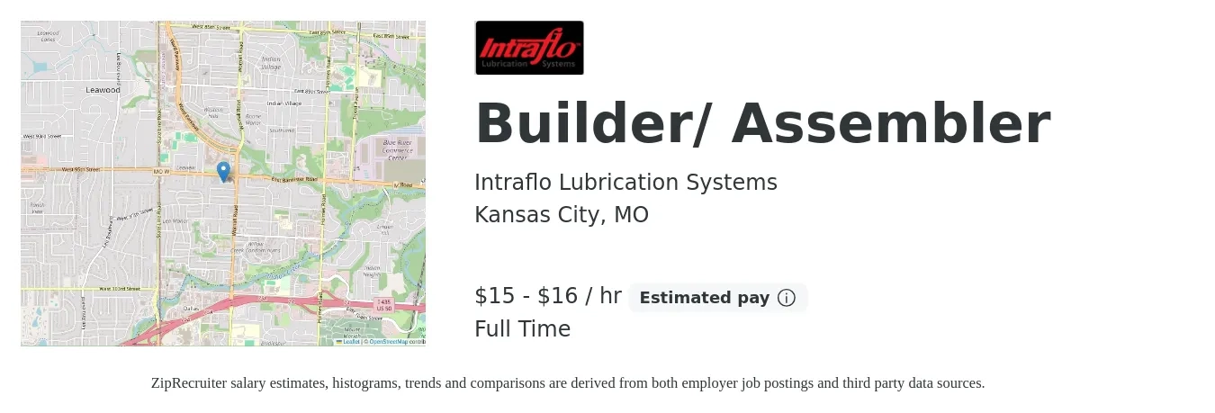 Intraflo Lubrication Systems job posting for a Builder/ Assembler in Kansas City, MO with a salary of $16 to $17 Hourly with a map of Kansas City location.
