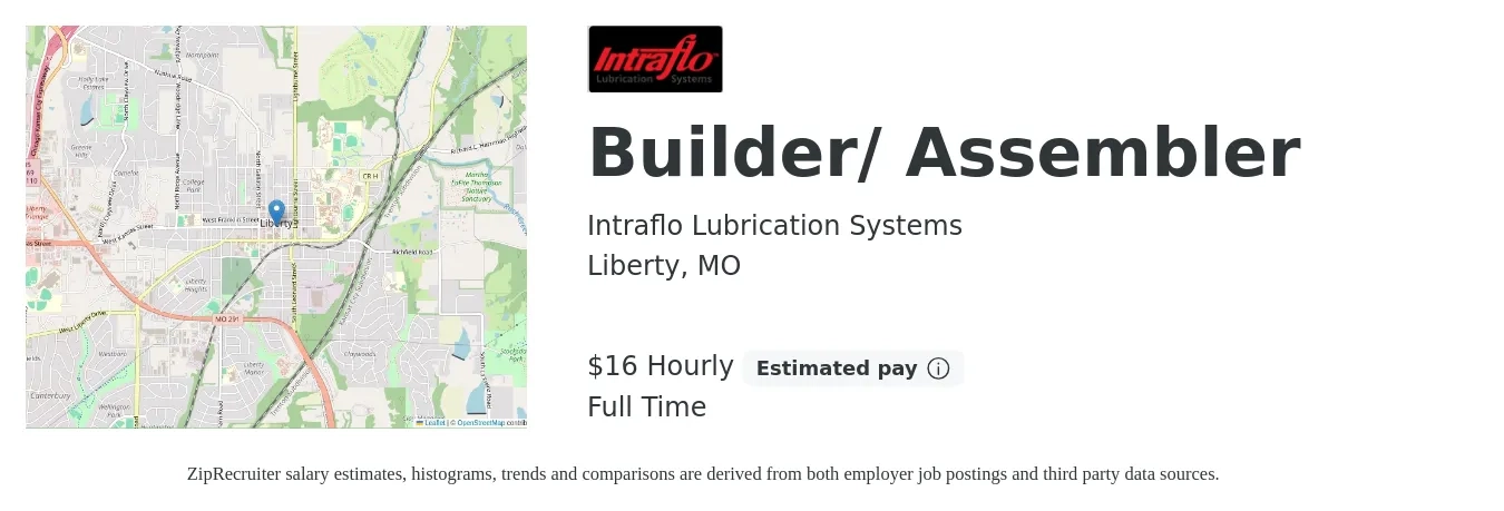 Intraflo Lubrication Systems job posting for a Builder/ Assembler in Liberty, MO with a salary of $17 Hourly with a map of Liberty location.