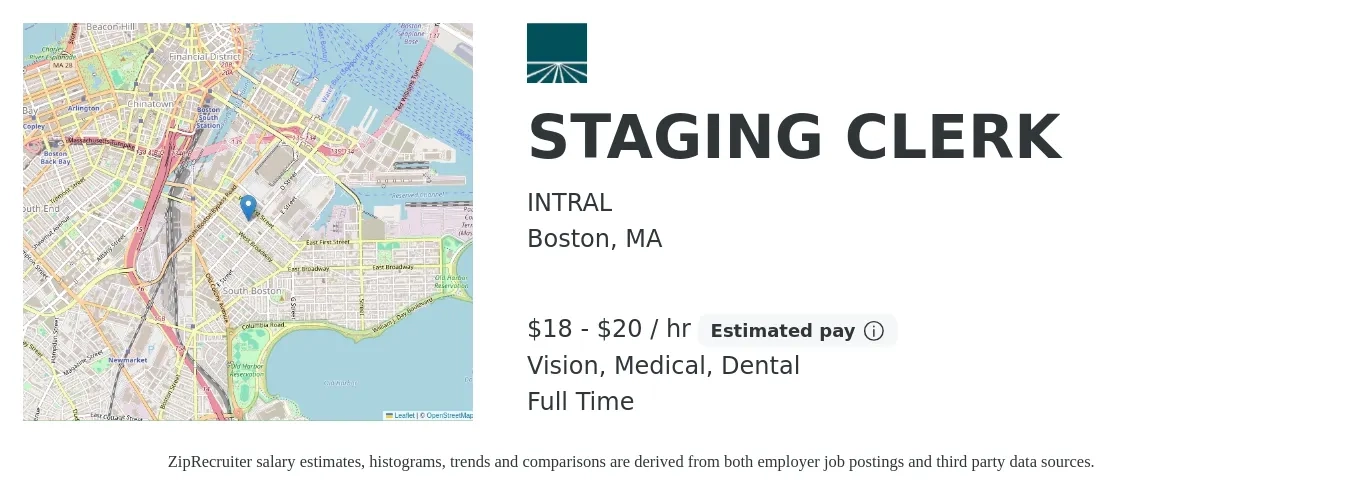 INTRAL job posting for a STAGING CLERK in Boston, MA with a salary of $19 to $21 Hourly and benefits including dental, medical, retirement, and vision with a map of Boston location.