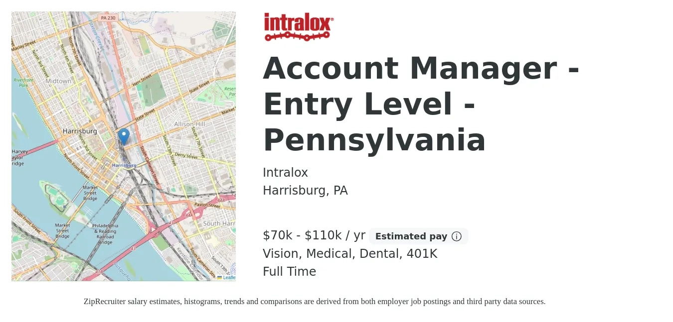 Intralox job posting for a Account Manager - Entry Level - Pennsylvania in Harrisburg, PA with a salary of $70,000 to $110,000 Yearly and benefits including vision, 401k, dental, life_insurance, and medical with a map of Harrisburg location.