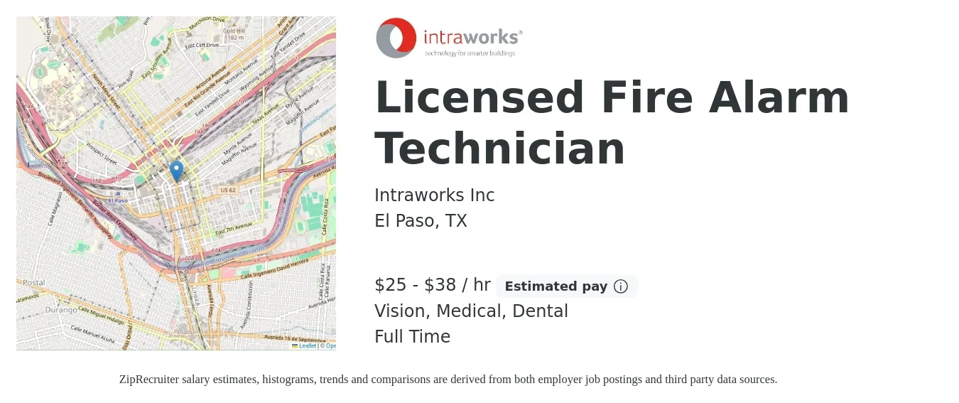 Intraworks Inc job posting for a Licensed Fire Alarm Technician in El Paso, TX with a salary of $26 to $40 Hourly and benefits including medical, pto, retirement, vision, and dental with a map of El Paso location.