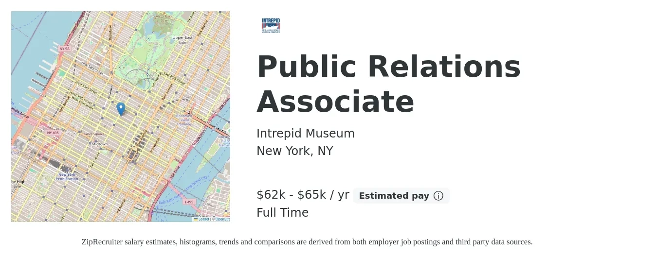 Intrepid Museum job posting for a Public Relations Associate in New York, NY with a salary of $62,500 to $65,000 Yearly with a map of New York location.