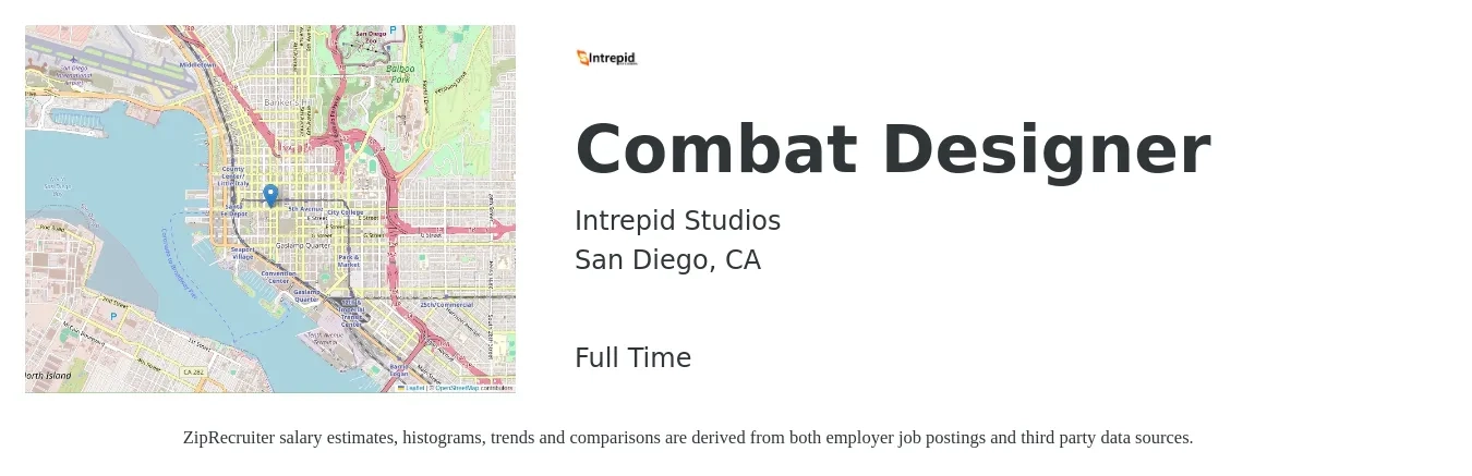 Intrepid Studios job posting for a Combat Designer in San Diego, CA with a salary of $66,000 to $99,000 Yearly with a map of San Diego location.