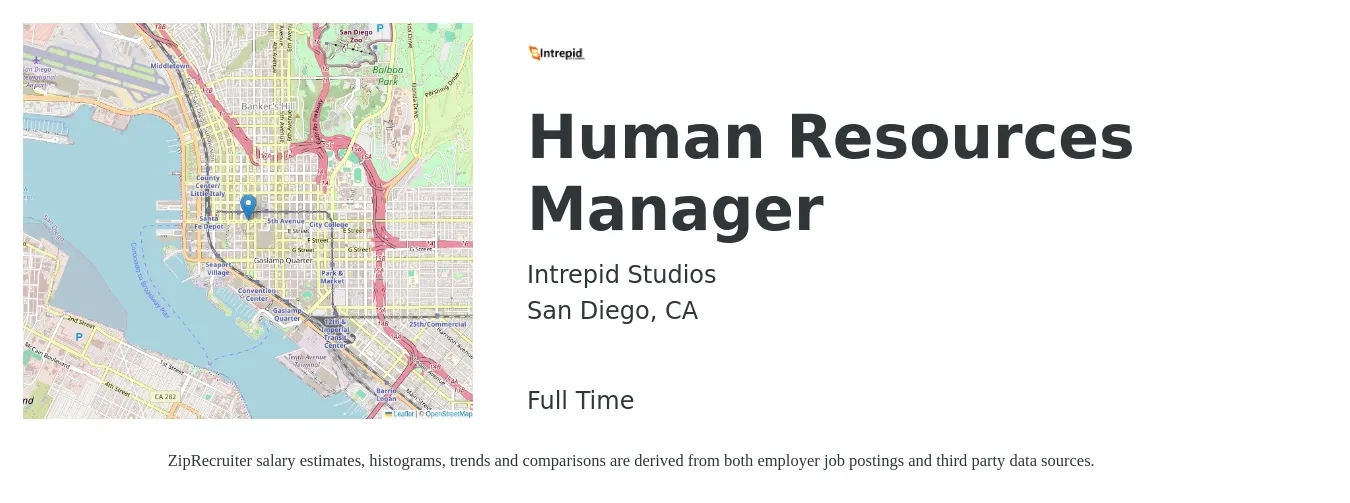 Intrepid Studios job posting for a Human Resources Manager in San Diego, CA with a salary of $74,300 to $107,600 Yearly with a map of San Diego location.