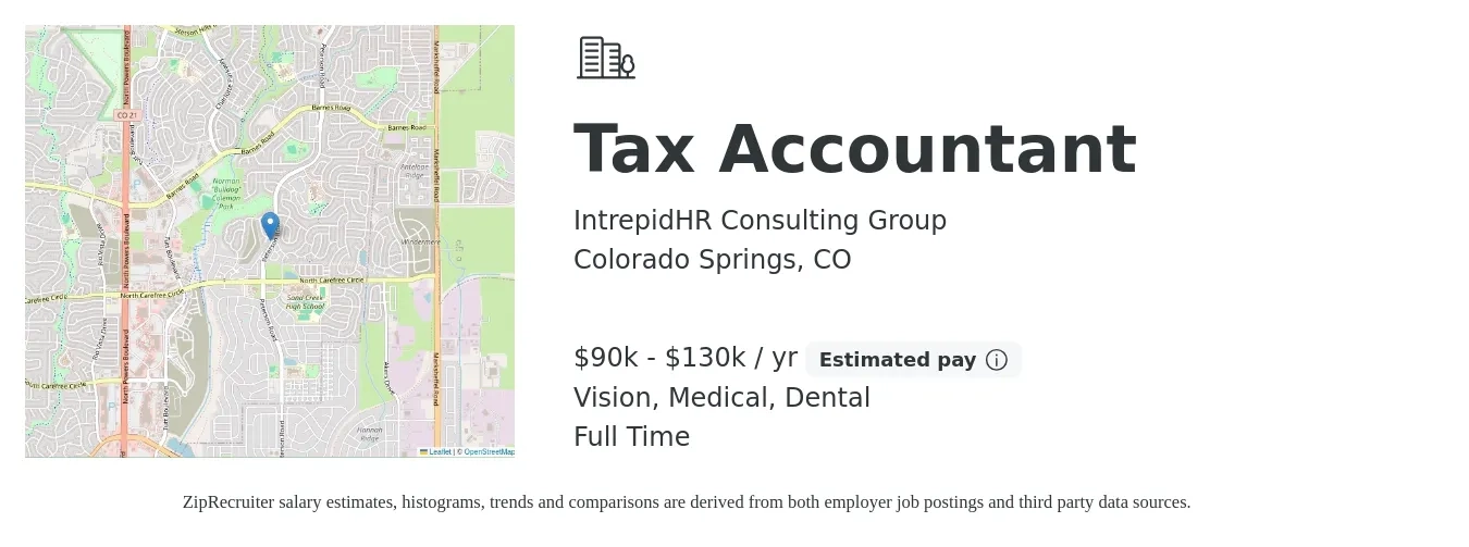 IntrepidHR Consulting Group job posting for a Tax Accountant in Colorado Springs, CO with a salary of $90,000 to $130,000 Yearly and benefits including dental, life_insurance, medical, pto, retirement, and vision with a map of Colorado Springs location.
