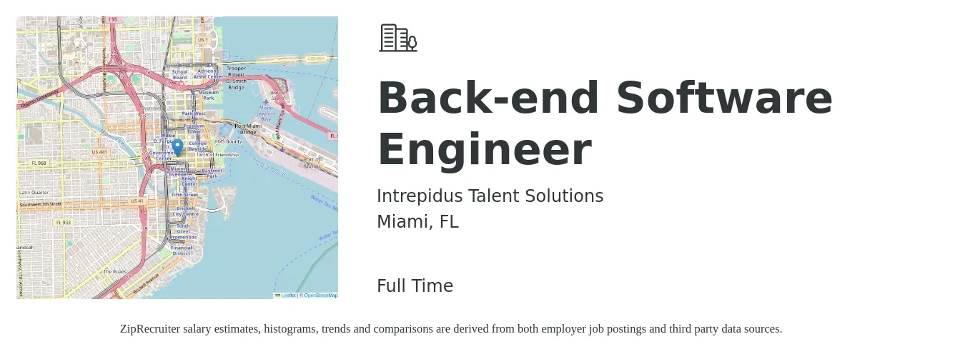Intrepidus Talent Solutions job posting for a Back-end Software Engineer in Miami, FL with a salary of $118,600 to $164,500 Yearly with a map of Miami location.