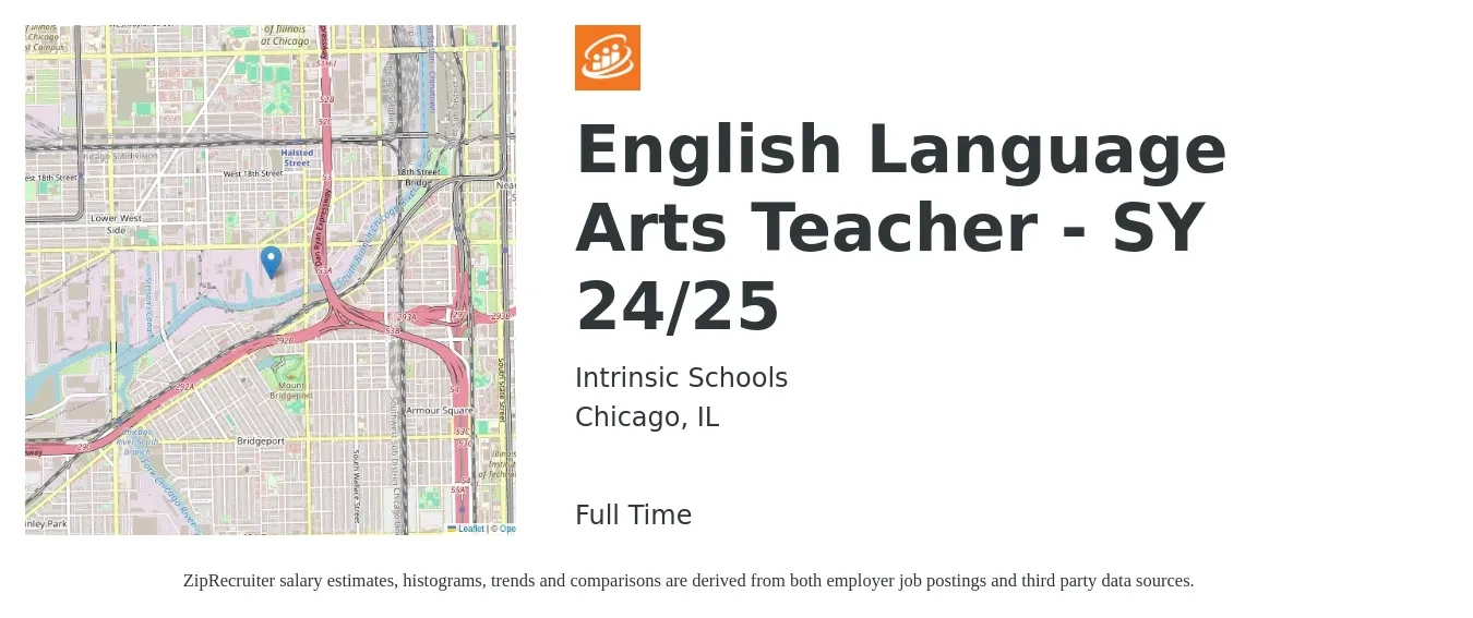 Intrinsic Schools job posting for a English Language Arts Teacher - SY 24/25 in Chicago, IL with a salary of $42,800 to $65,000 Yearly with a map of Chicago location.
