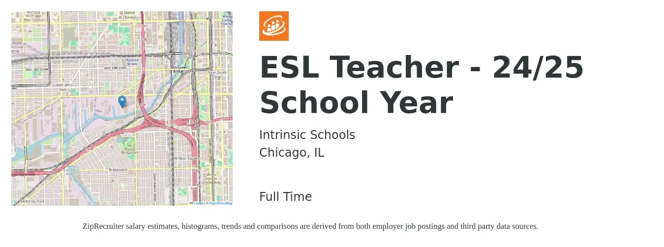 Intrinsic Schools job posting for a ESL Teacher - 24/25 School Year in Chicago, IL with a salary of $42,400 to $64,400 Yearly with a map of Chicago location.
