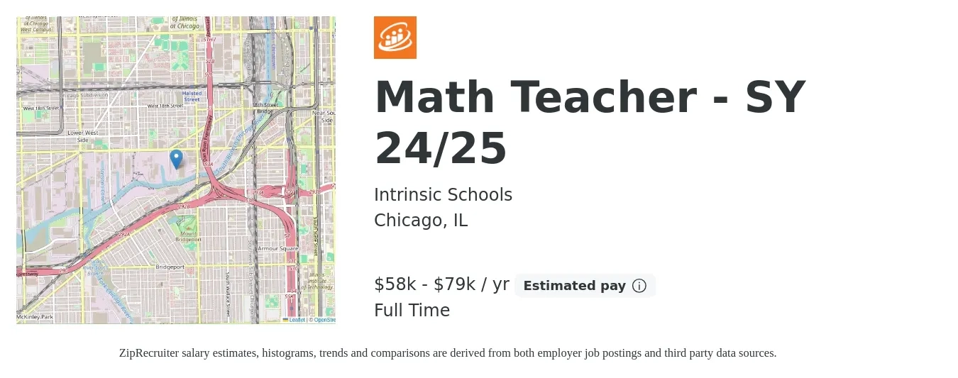Intrinsic Schools job posting for a Math Teacher - SY 24/25 in Chicago, IL with a salary of $58,000 to $79,671 Yearly with a map of Chicago location.