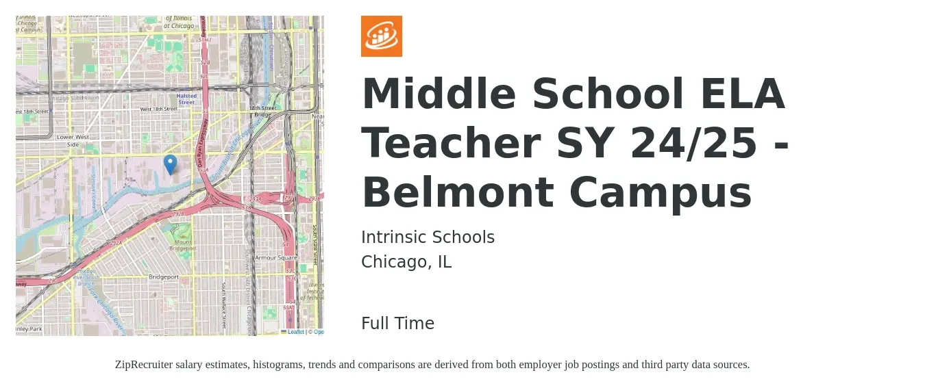Intrinsic Schools job posting for a Middle School ELA Teacher SY 24/25 - Belmont Campus in Chicago, IL with a salary of $48,500 to $62,900 Yearly with a map of Chicago location.