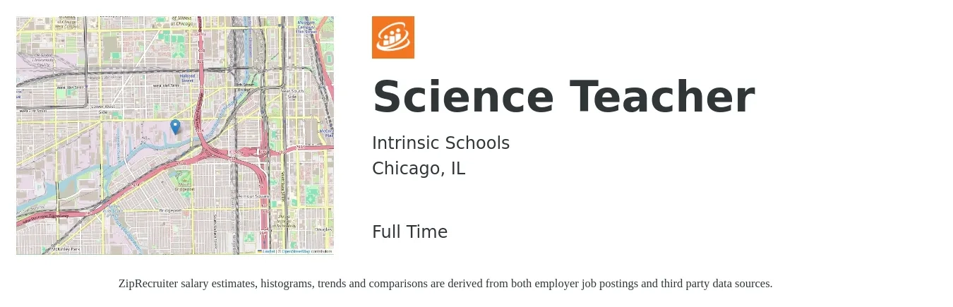 Intrinsic Schools job posting for a Science Teacher in Chicago, IL with a salary of $49,000 to $63,300 Yearly with a map of Chicago location.