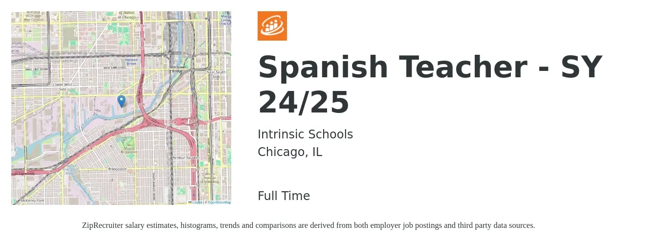 Intrinsic Schools job posting for a Spanish Teacher - SY 24/25 in Chicago, IL with a salary of $46,400 to $65,500 Yearly with a map of Chicago location.