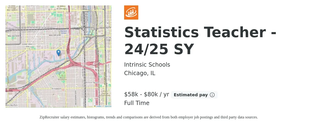 Intrinsic Schools job posting for a Statistics Teacher - 24/25 SY in Chicago, IL with a salary of $34,200 to $58,200 Yearly with a map of Chicago location.
