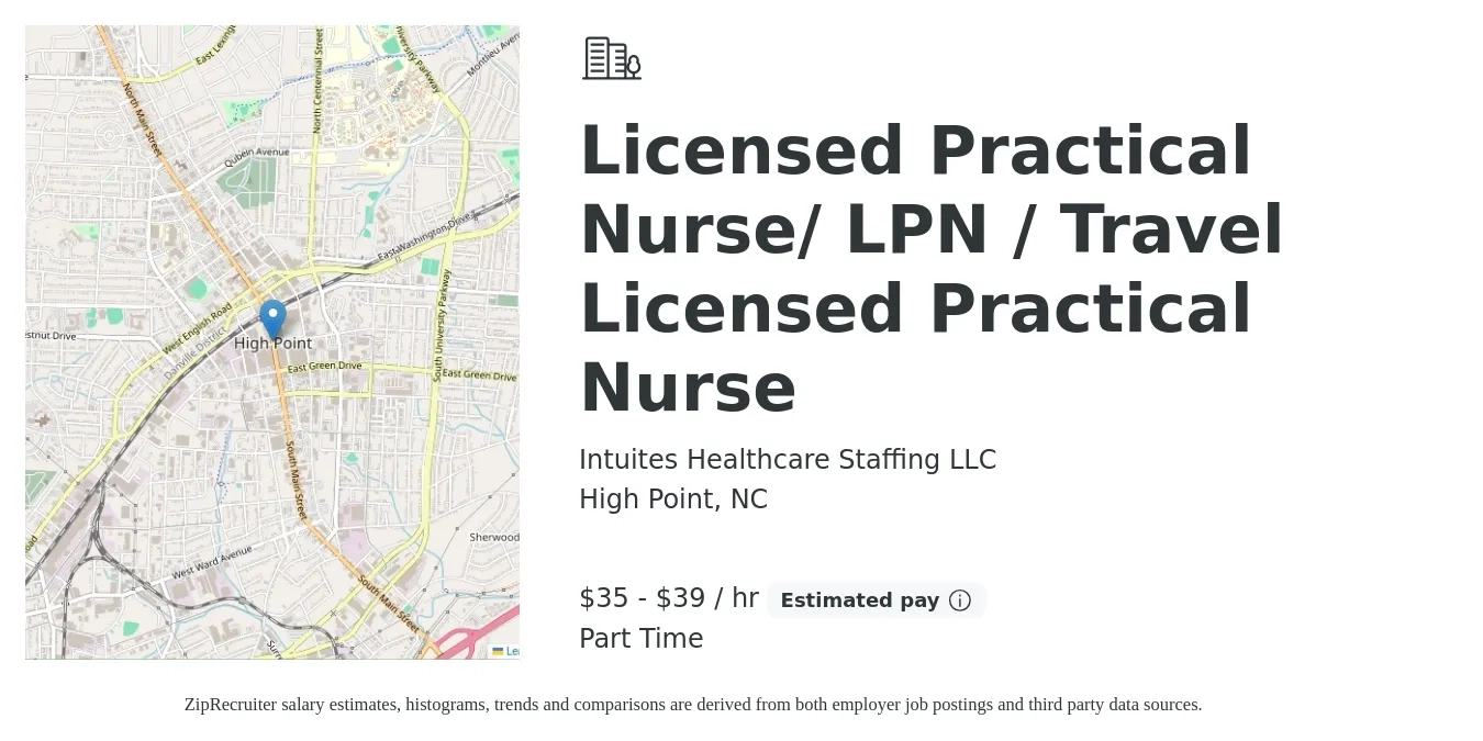 Intuites Healthcare Staffing LLC job posting for a Licensed Practical Nurse/ LPN / Travel Licensed Practical Nurse in High Point, NC with a salary of $37 to $41 Hourly with a map of High Point location.
