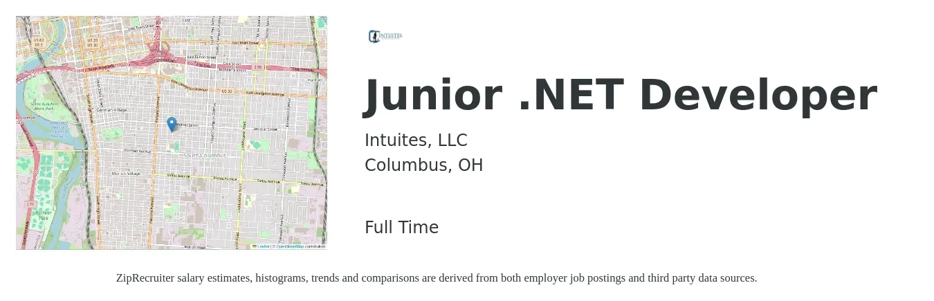 Intuites, LLC job posting for a Junior .NET Developer in Columbus, OH with a salary of $64,700 to $84,000 Yearly with a map of Columbus location.