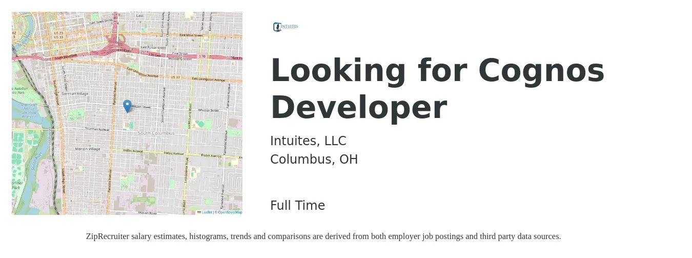 Intuites, LLC job posting for a Looking for Cognos Developer in Columbus, OH with a salary of $46 to $65 Hourly with a map of Columbus location.