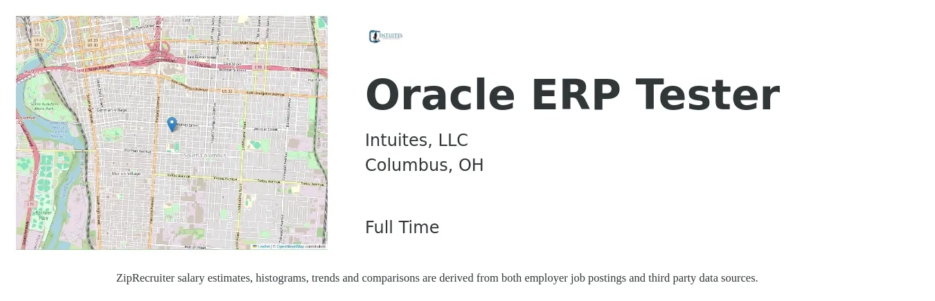 Intuites, LLC job posting for a Oracle ERP Tester in Columbus, OH with a salary of $22 to $51 Hourly with a map of Columbus location.