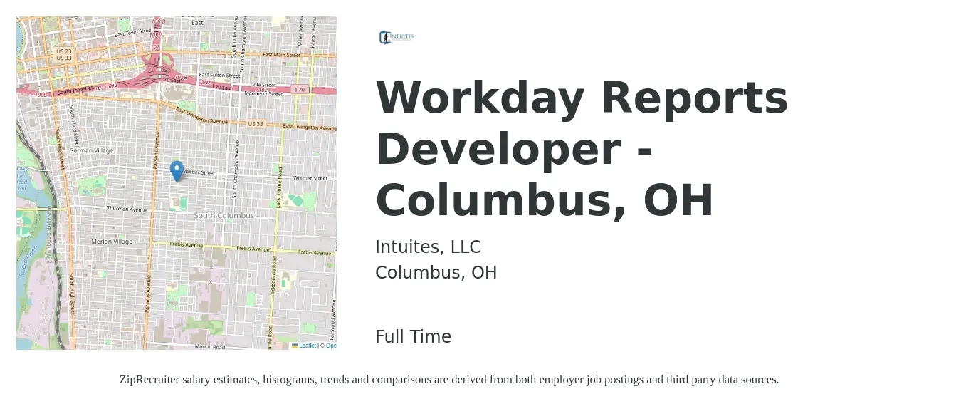 Intuites, LLC job posting for a Workday Reports Developer - Columbus, OH in Columbus, OH with a salary of $32 to $69 Hourly with a map of Columbus location.