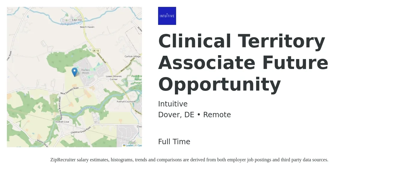 Intuitive job posting for a Clinical Territory Associate Future Opportunity in Dover, DE with a salary of $109,000 Yearly with a map of Dover location.