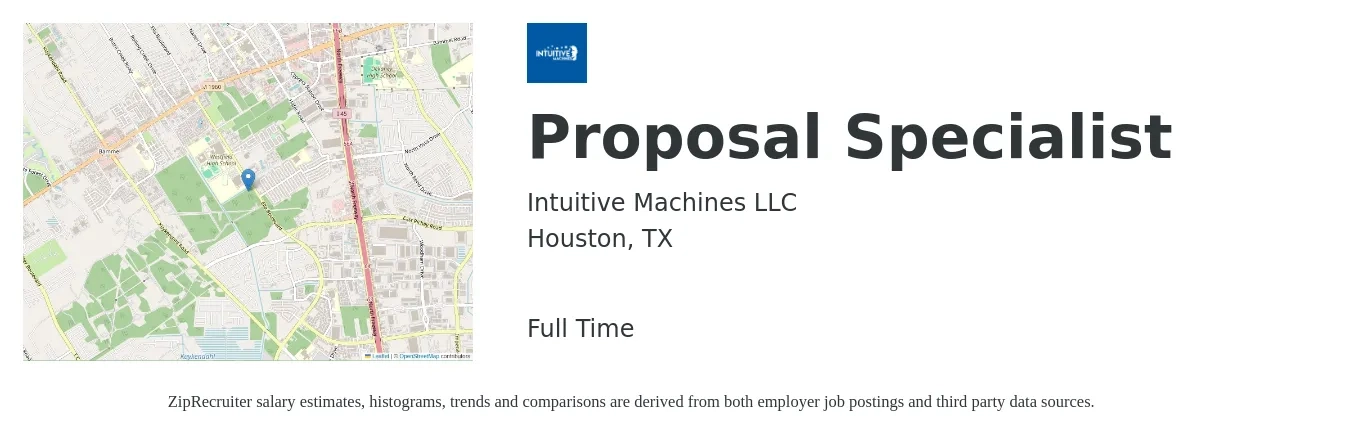 Intuitive Machines LLC job posting for a Proposal Specialist in Houston, TX with a salary of $43,800 to $68,800 Yearly with a map of Houston location.