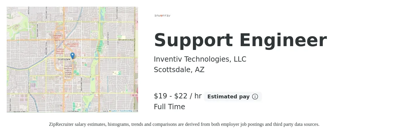 Inventiv Technologies, LLC job posting for a Support Engineer in Scottsdale, AZ with a salary of $20 to $23 Hourly with a map of Scottsdale location.