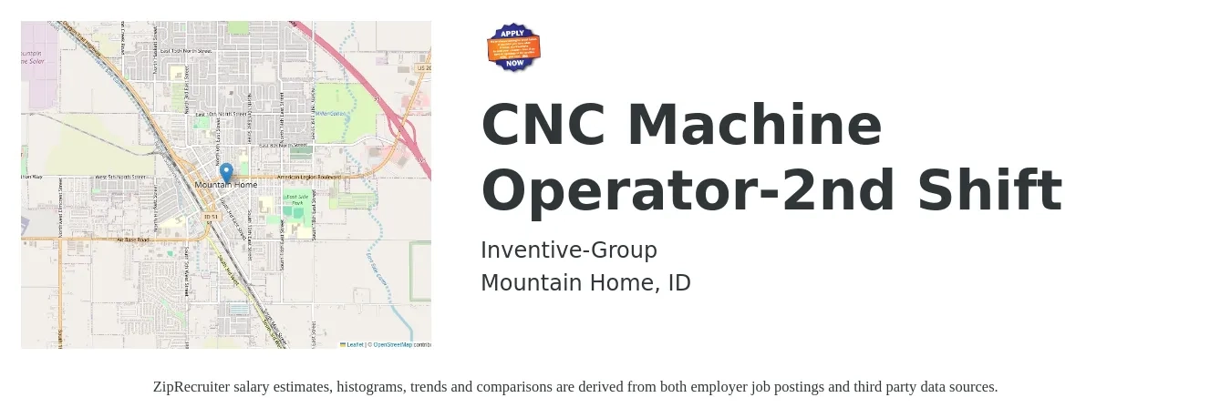 Inventive-Group job posting for a CNC Machine Operator-2nd Shift in Mountain Home, ID with a salary of $18 to $24 Hourly with a map of Mountain Home location.