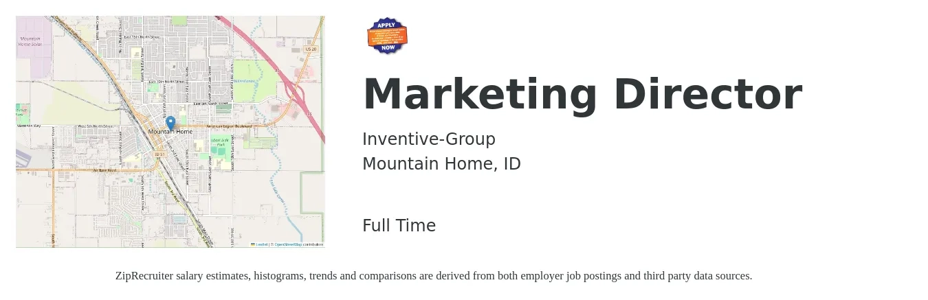 Inventive-Group job posting for a Marketing Director in Mountain Home, ID with a salary of $65,100 to $119,800 Yearly with a map of Mountain Home location.