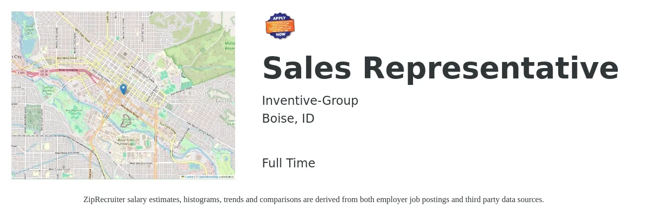 Inventive-Group job posting for a Sales Representative in Boise, ID with a salary of $50,900 to $88,500 Yearly with a map of Boise location.