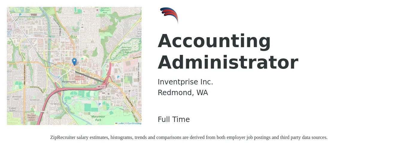 Inventprise Inc. job posting for a Accounting Administrator in Redmond, WA with a salary of $28 to $34 Hourly with a map of Redmond location.