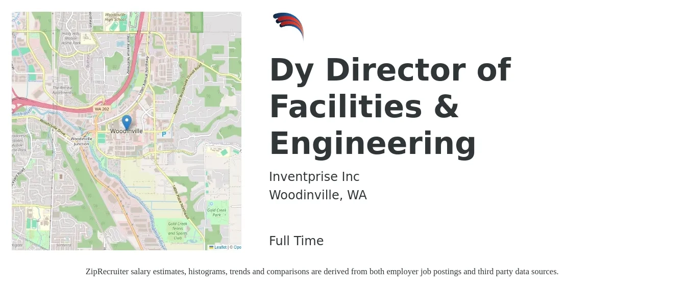 Inventprise Inc. job posting for a Dy Director of Facilities & Engineering in Woodinville, WA with a salary of $175,000 to $192,000 Yearly with a map of Woodinville location.