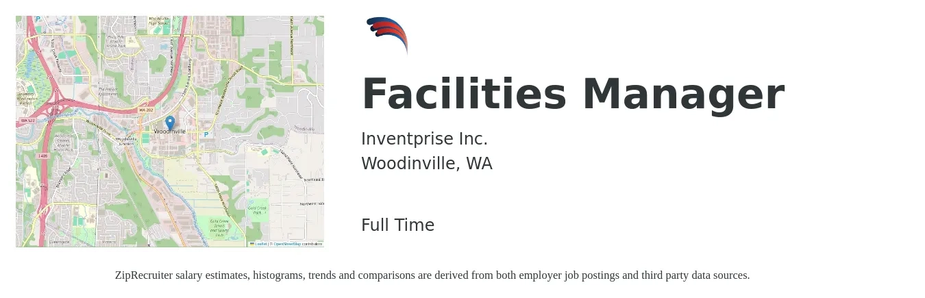 Inventprise Inc. job posting for a Facilities Manager in Woodinville, WA with a salary of $120,000 to $140,000 Yearly with a map of Woodinville location.